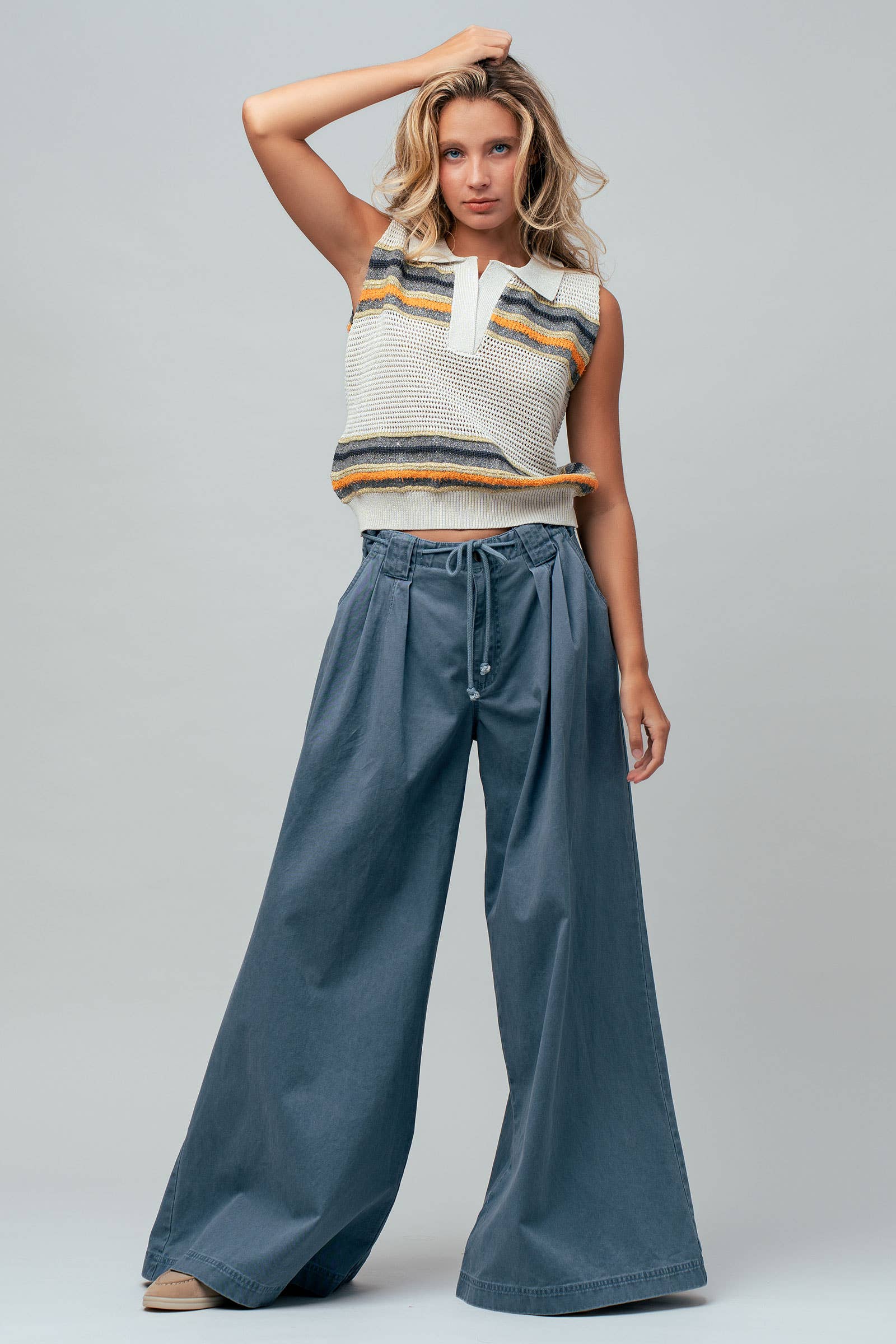 Textured Stripe Collared Open-Knit Vest