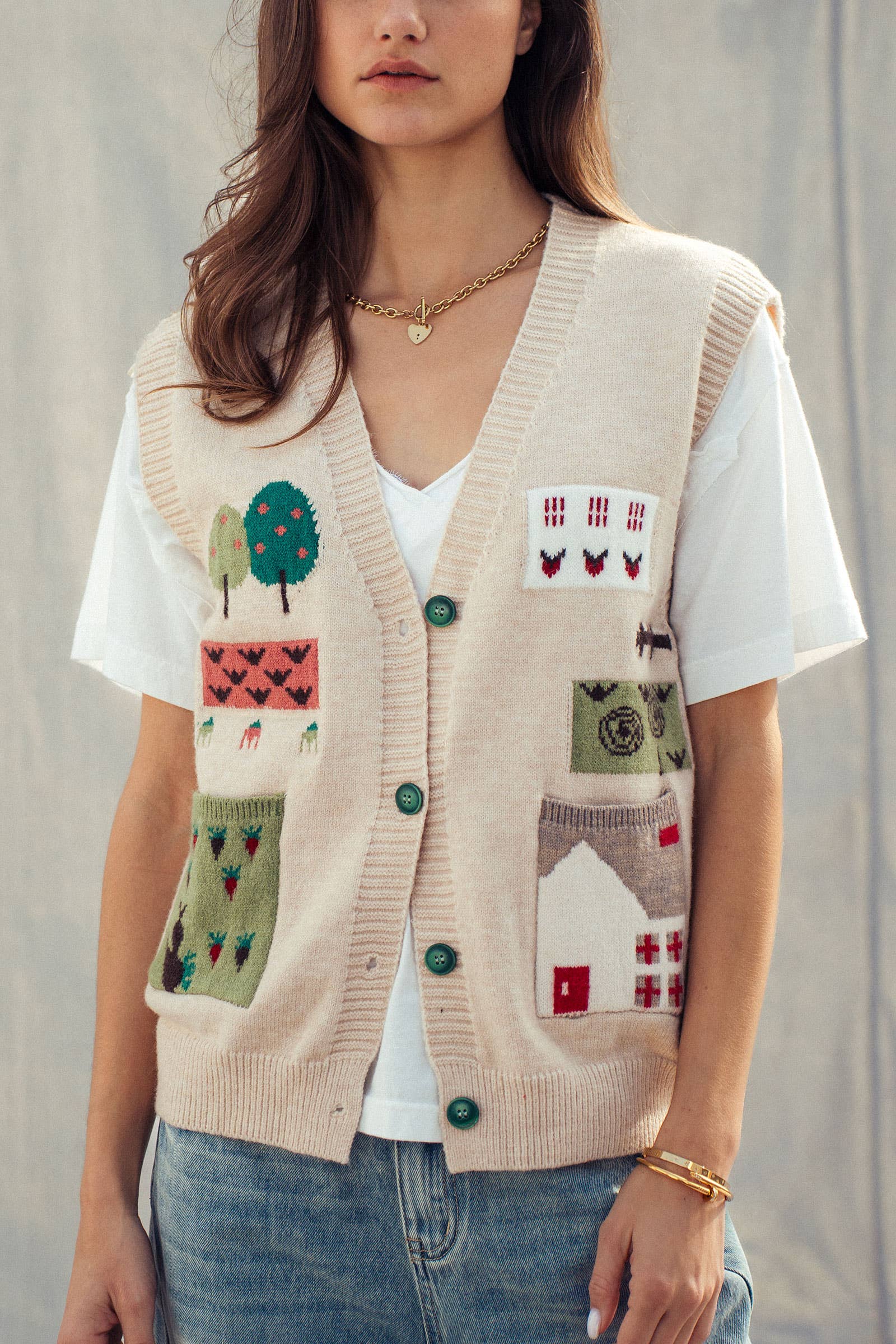 Urban Daizy Boho Graphic Knit Vest with Patch Pockets Oatmeal Sweater Vest - Women's (UDZ-KN-01039) – alternate view 3
