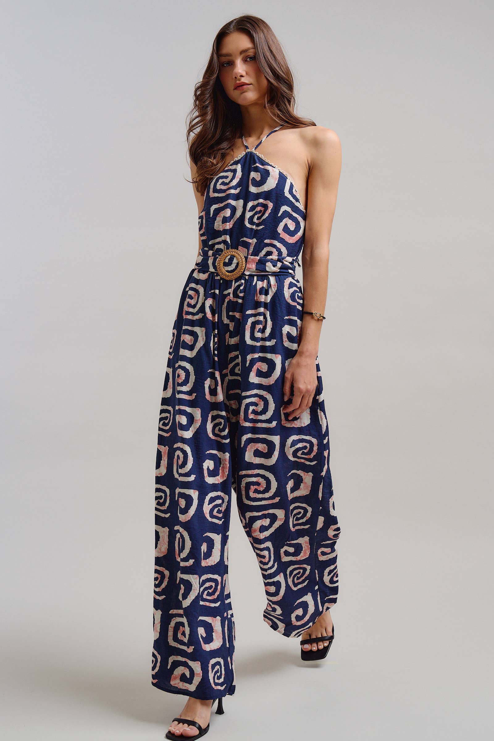 Urban Daizy Geometric Print Halter Belted Wide Leg Jumpsuit Blush Jumpsuit - Women's (TNJU0181-Blush) – alternate view 19