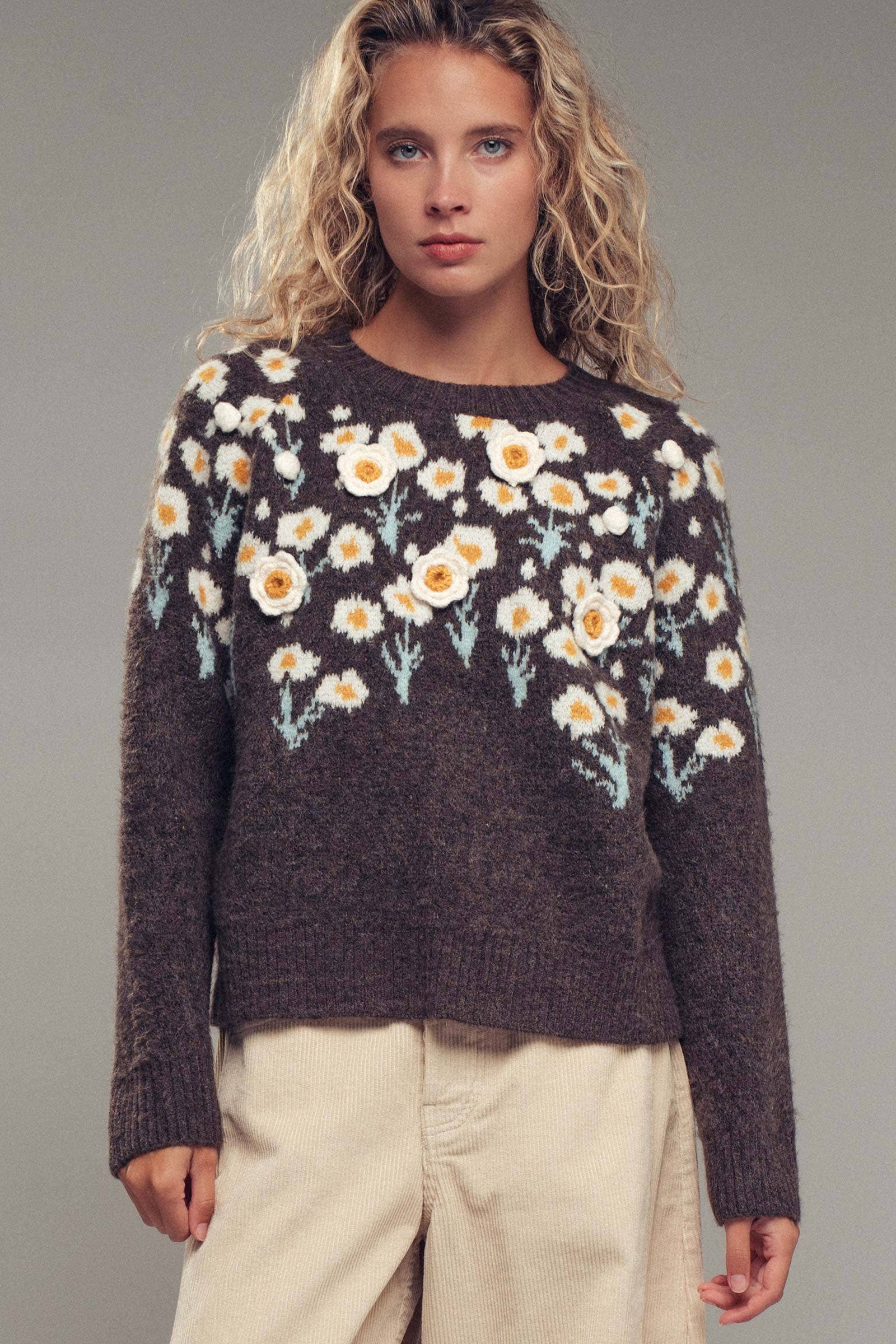 Urban Daizy Daisy Embossed 3D Floral Knit Sweater Brown Knit Sweater - Women's (UDZ-KN-00653) – alternate view 3