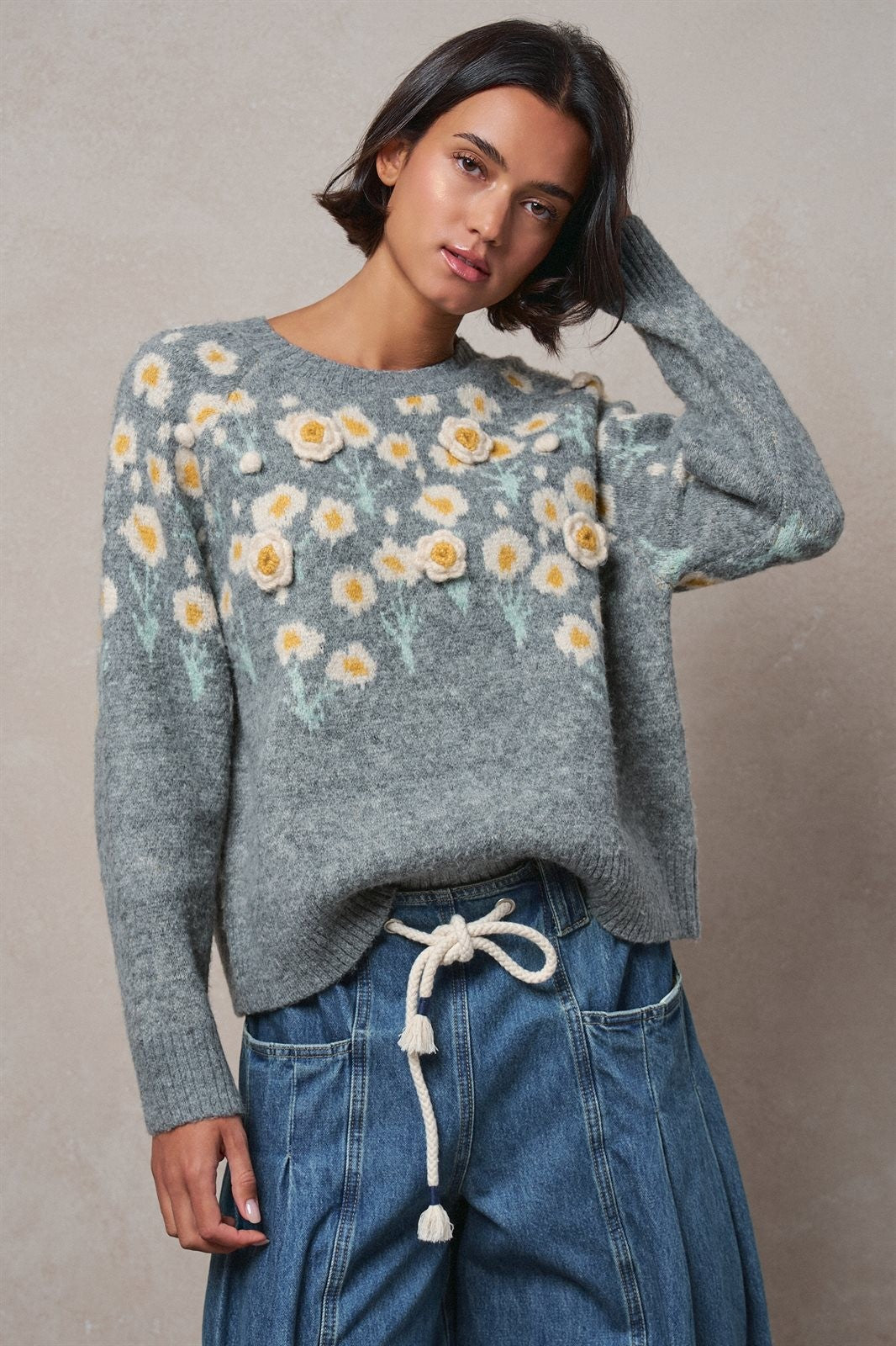 Embossed Floral Knit Sweater in GREY - Women's Sweaters | Urban Daizy