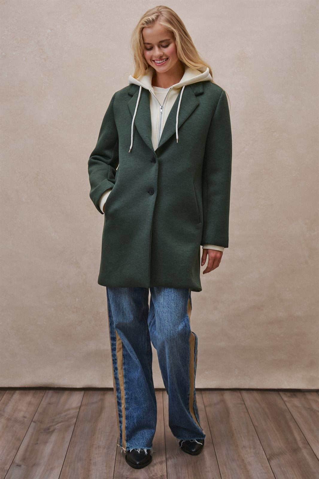Scuba Topcoat with Detachable Hoodie in OLIVE - Women's Coats | Urban Daizy