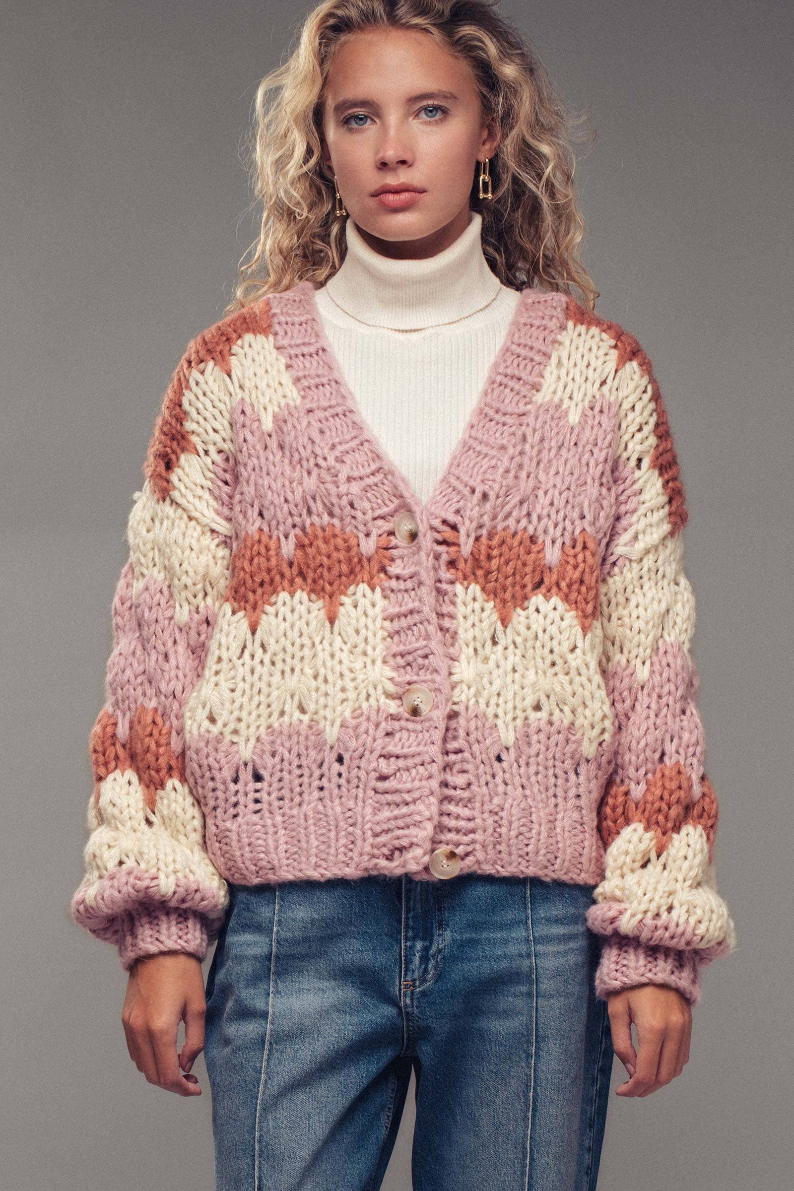 Urban Daizy Chevron Chunky Knit Cardigan – Balloon Sleeves, Cropped Fit Mocha Cardigan - Women's (UDZ-KN-00656) – alternate view 9