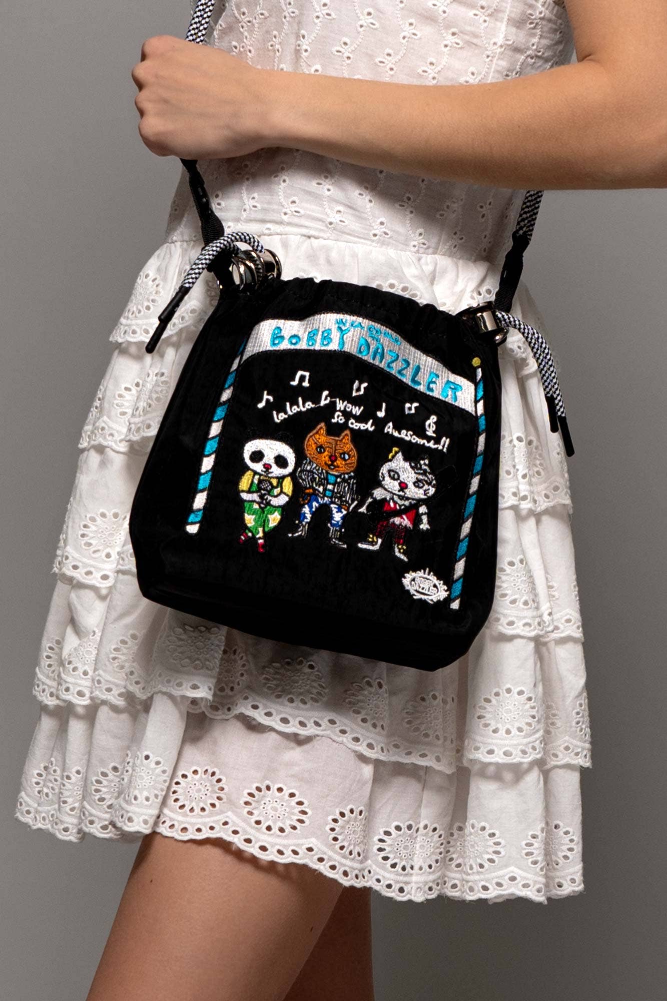 Urban Daizy Embroidered Band Character Drawstring Crossbody Black Crossbody Bag - Women's (UDZ-DR-00388)