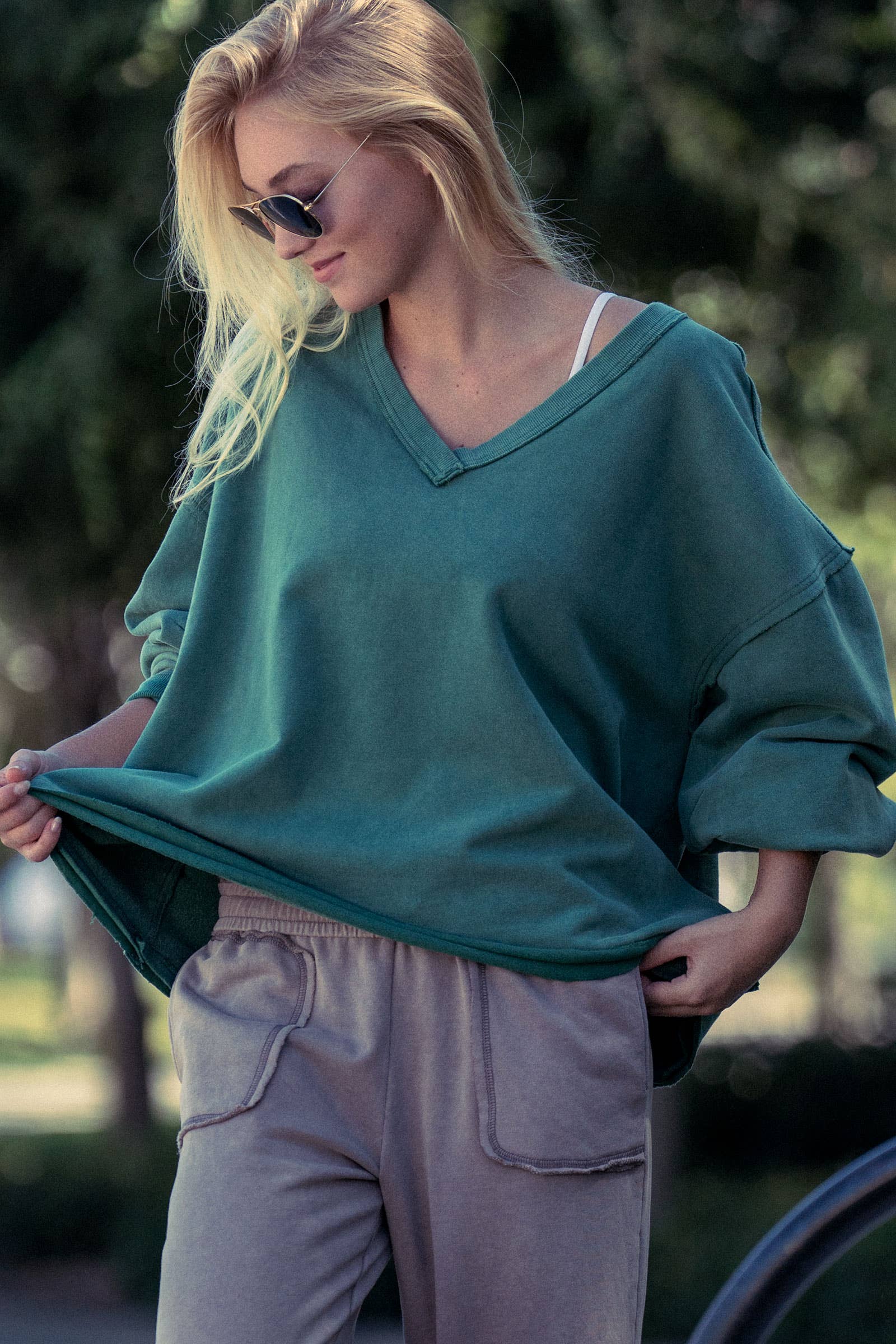 Raw Edge V-Neck Oversized Sweatshirt