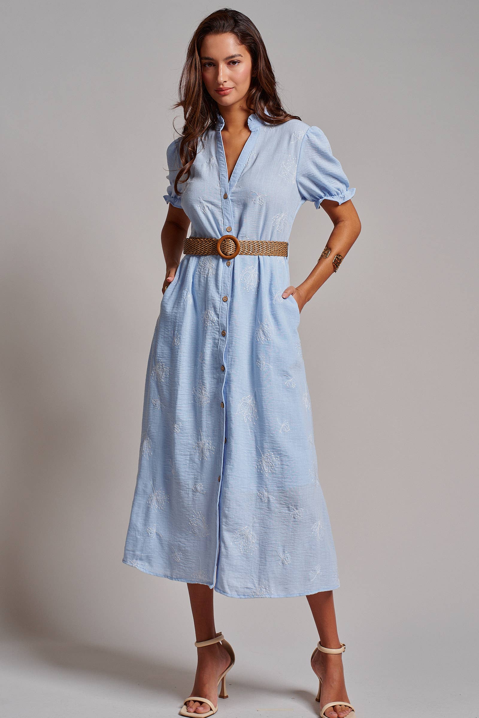 Embroidered Linen Blend Button Front Midi Dress