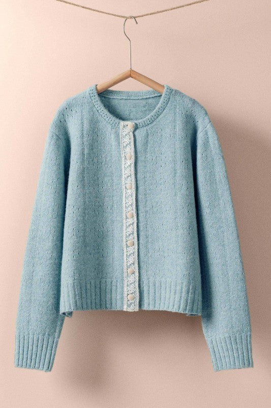 Elegant Wool Blend Cardigan with Lace Trim Detail in PASTEL BLUE - Women's Cardigans & Shrugs | Urban Daizy