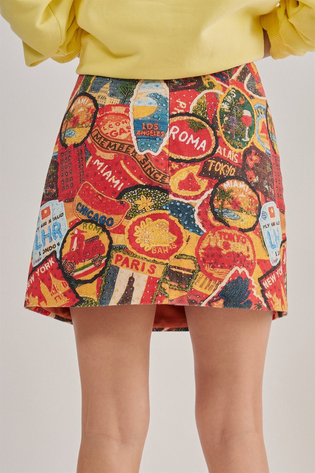Travel Patch Print Mini Skirt in Italian Summer Vacation in MULTI - Women's Mini Skirts | Urban Daizy