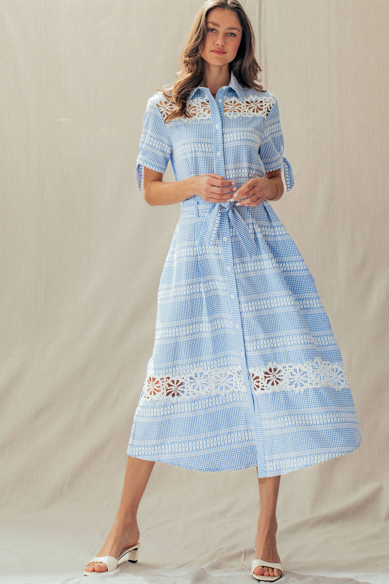 Gingham Cotton Shirt Dress Eyelet Embroidery
