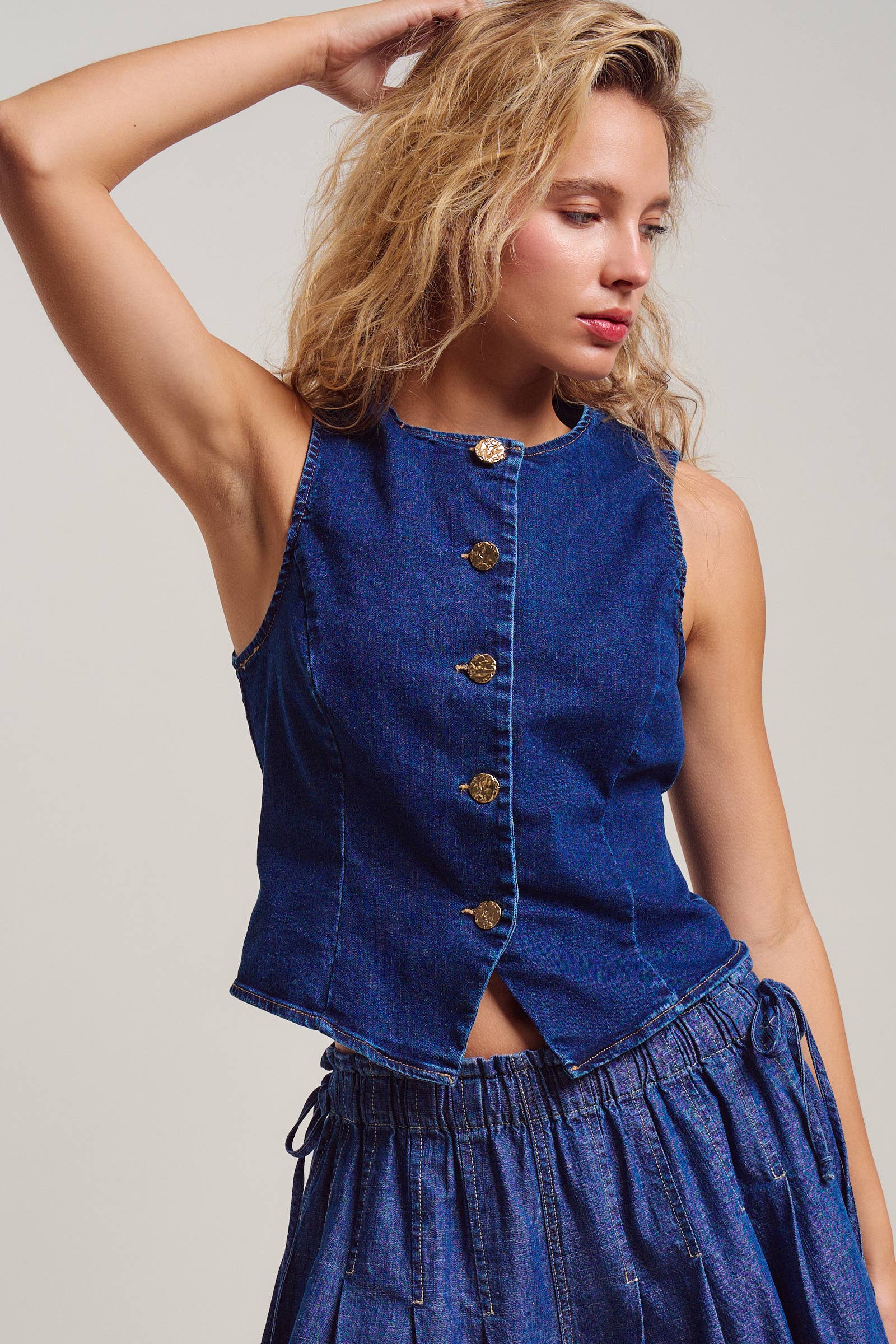 Fitted Gold Button Front Denim Vest