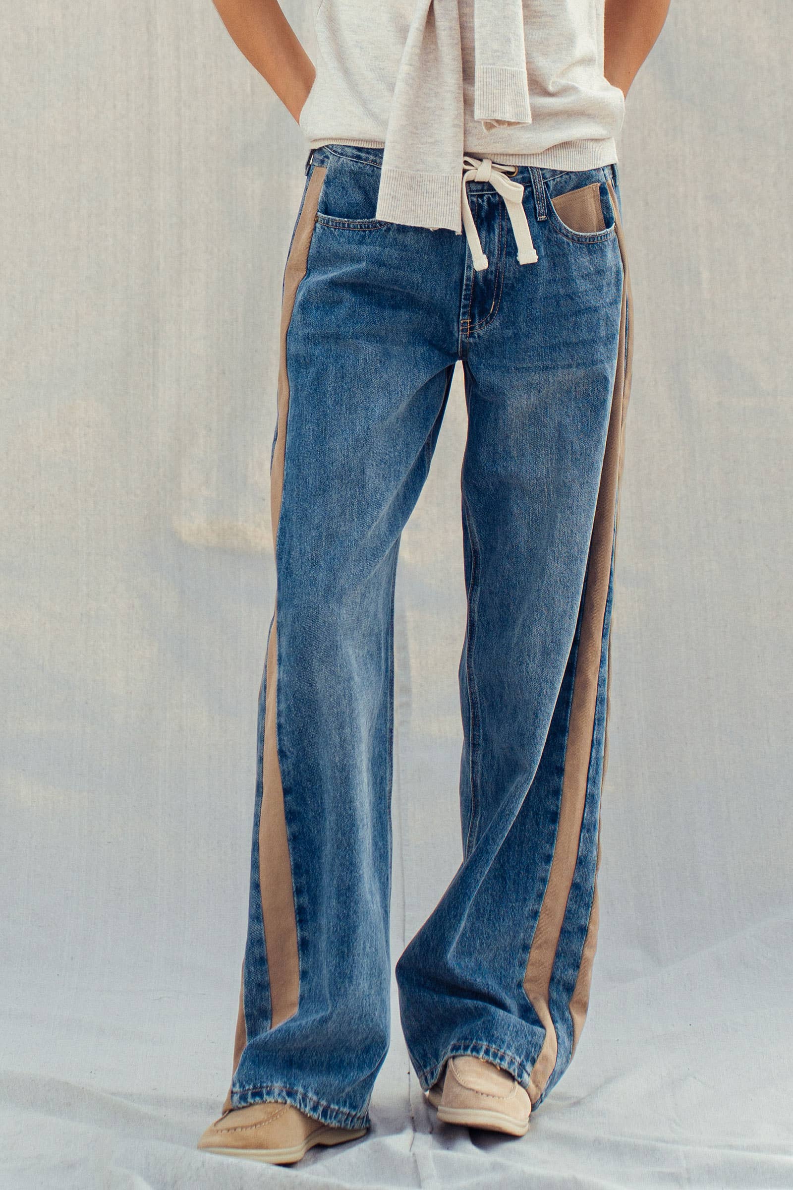 Wide-Leg Utility Stripe Denim Jeans