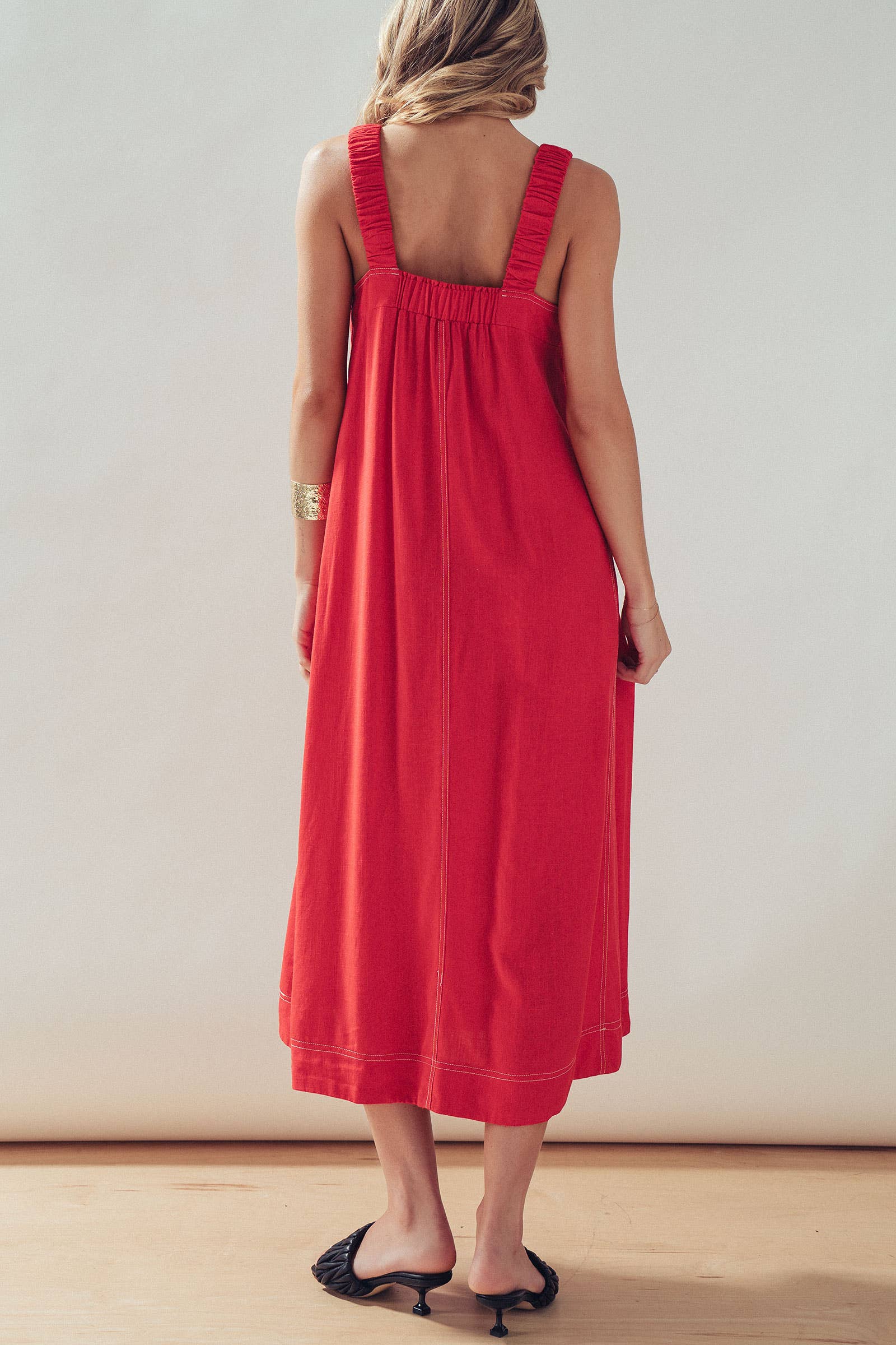 Contrast Stitch Square Neck Tencel Linen Midi Dress