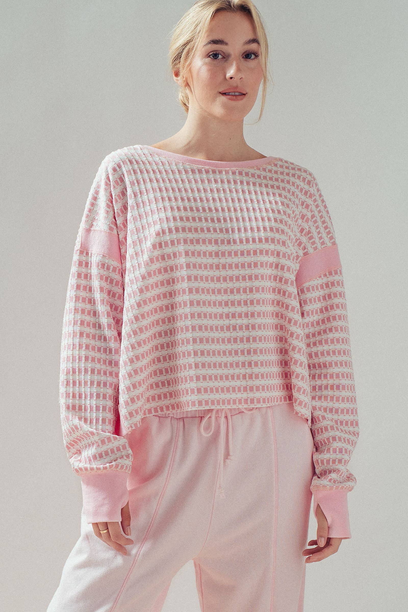 Reversible Textured Check Long Sleeve Pullover