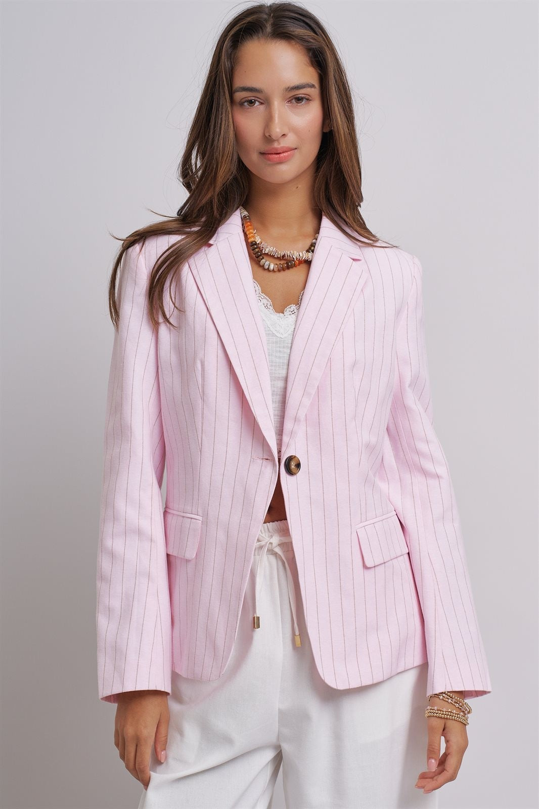 Pinstripe Single-Button Notch Lapel Blazer in LT PINK - Women's Fashion | Urban Daizy