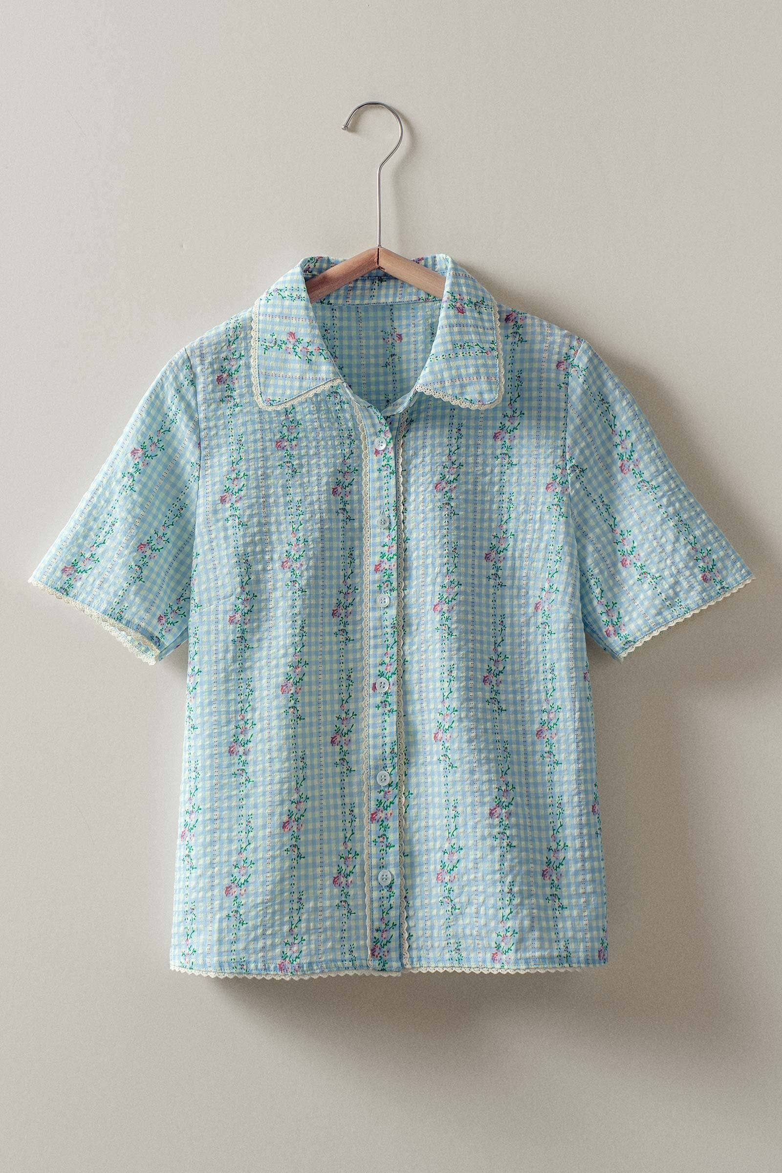 Gingham Floral Lace Trim Peter Pan Collar Shirt