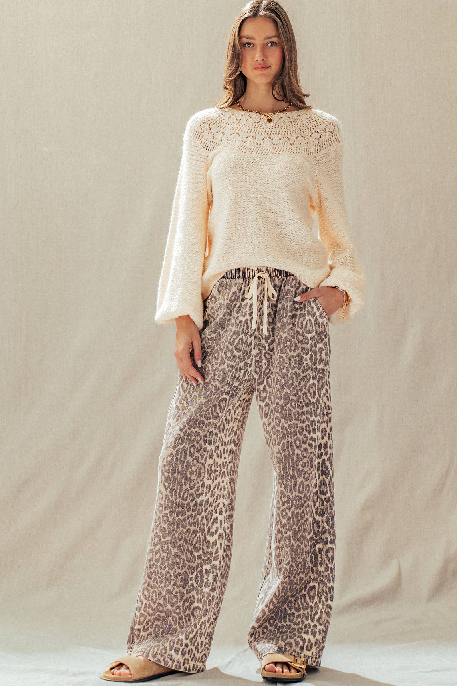 Urban Daizy Leopard Print Wide Leg Cotton Pants Drawstring Leopard Pants - Women's (UDZ-PT-00482) – alternate view 9