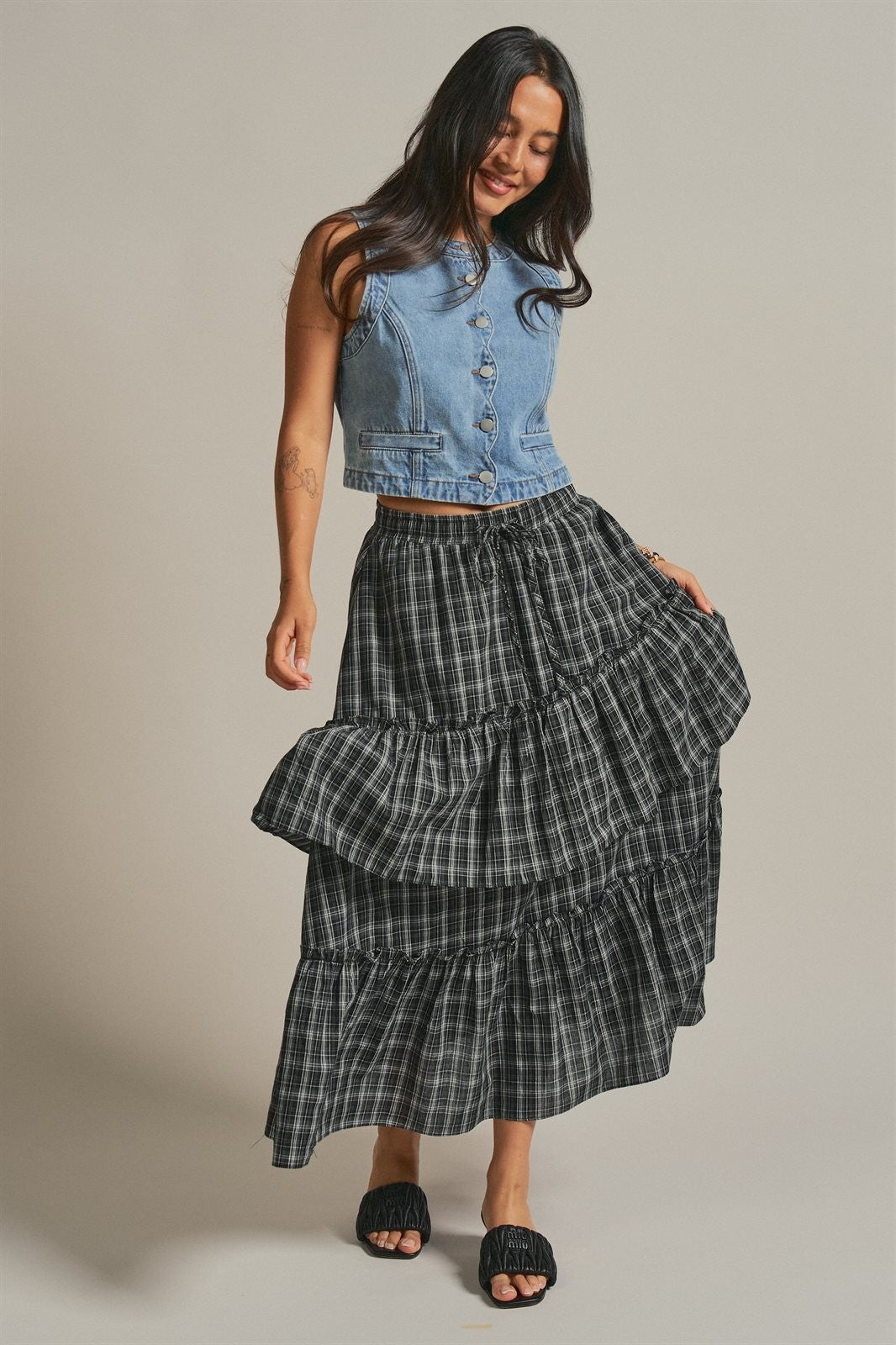 Plaid Tiered Ruffle Maxi Skirt Western Cowgirl Boho Long Ski in BLACK - Women's Midi Skirts | Urban Daizy