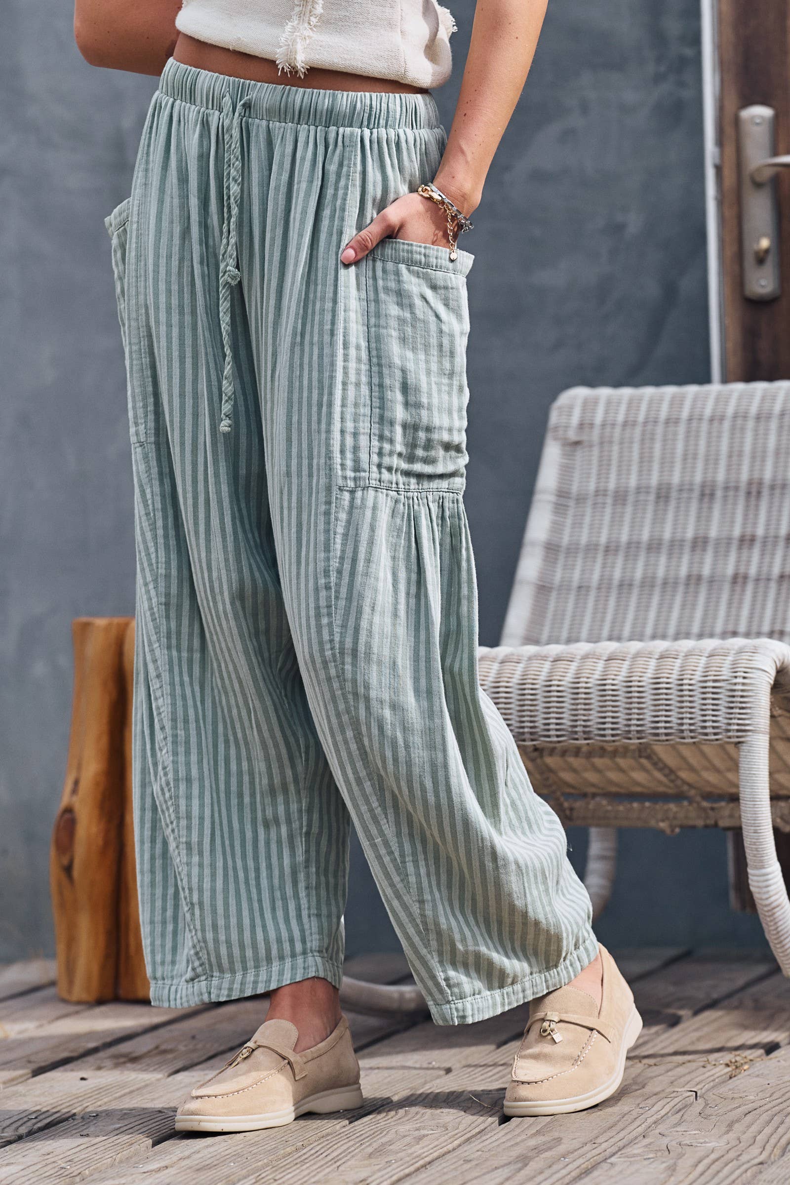 Striped Cotton Drawstring Harem Pants