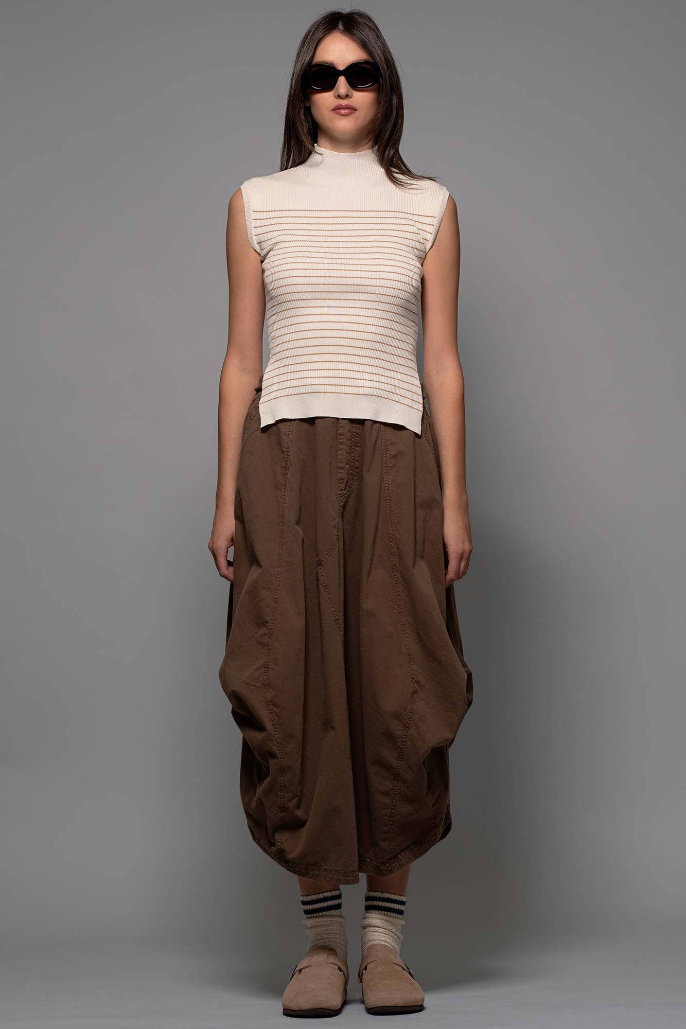Urban Daizy Striped Ribbed Mock Neck Sleeveless Top Lt-Khaki Knit Top - Women's (UDZ-PT-00352) – alternate view 2