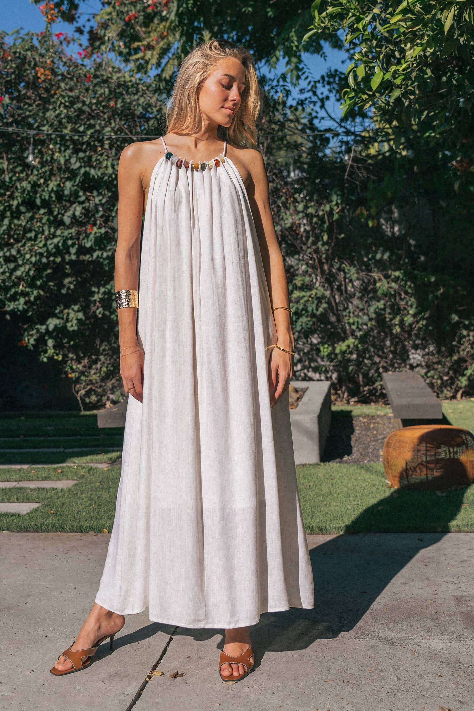 Beaded Halter Neck Linen Blend Maxi Dress