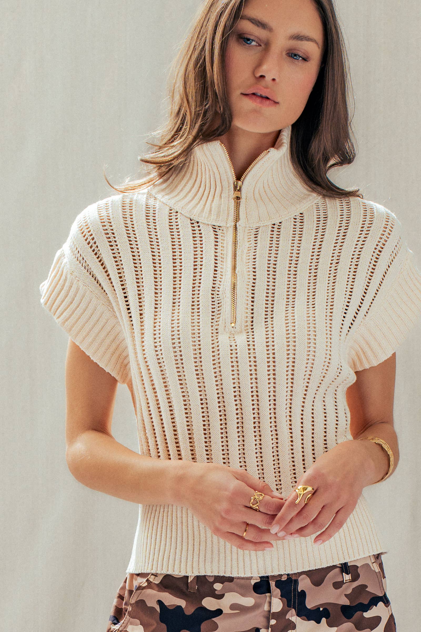 Ribbed Knit Half-Zip Mock Neck Sweater Vest