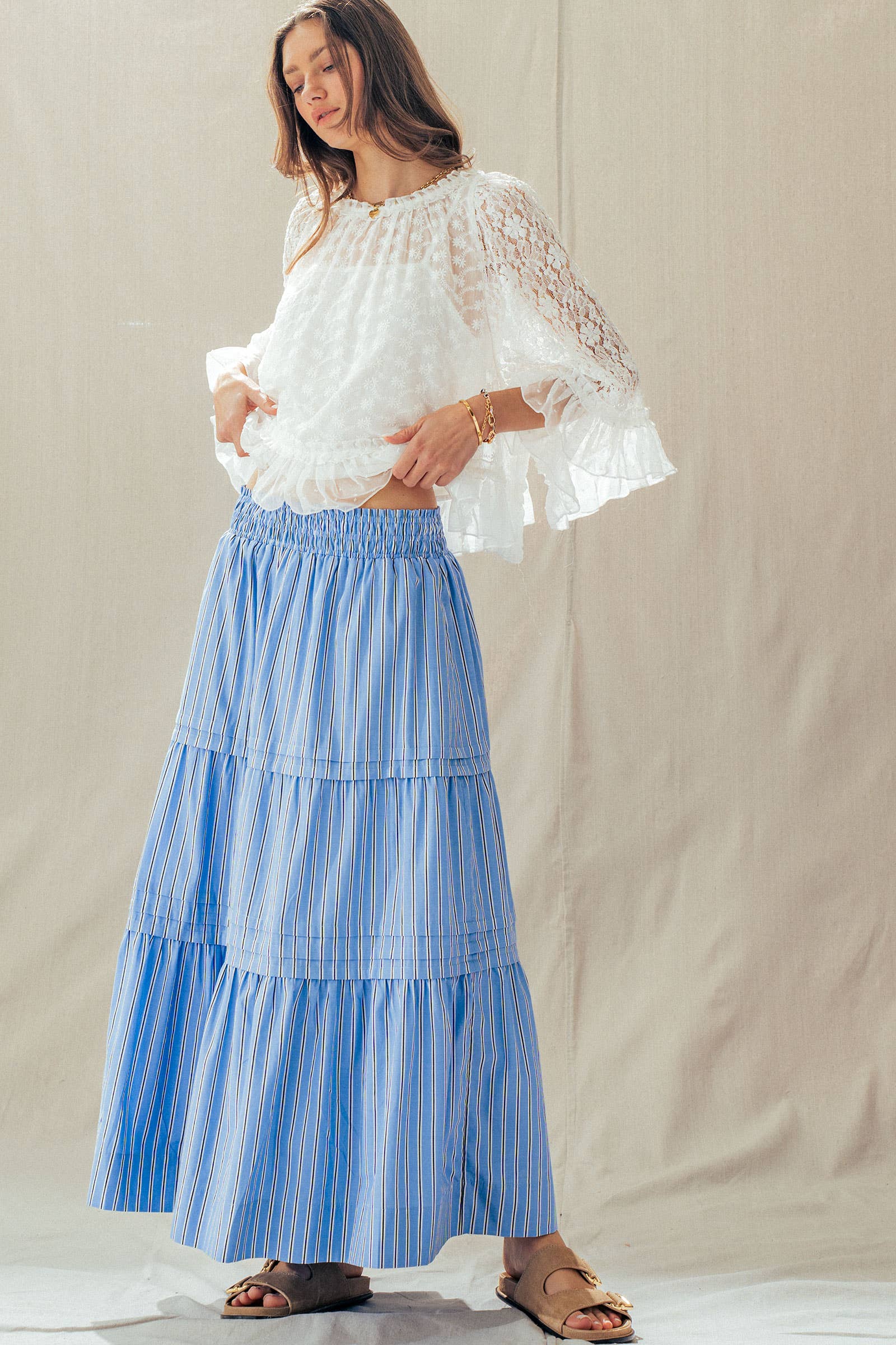 Striped Cotton Tiered Smocked Maxi Skirt