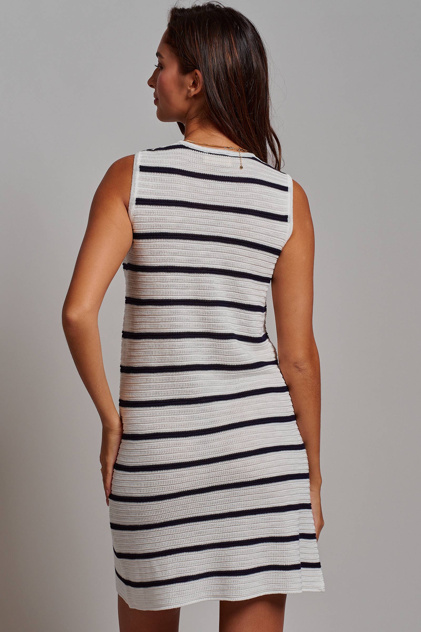 Striped Crochet Knit Mini Dress Tie Front