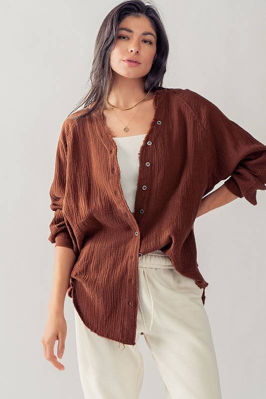 Urban Daizy PREMIUM SOFT FRAYED HEM GAUZE VINTAGE WASHED SHIRT Forest-Green Button Down Shirt - Women's (UDZ-TP-00225) –…