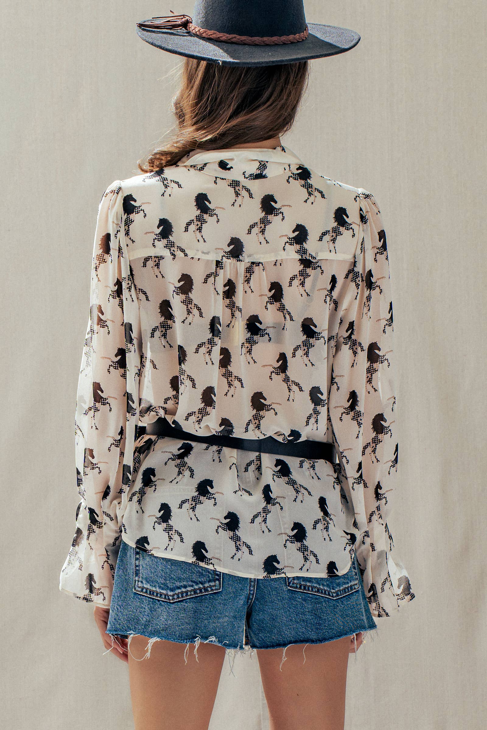 Western Horse Print Button Down Blouse Flared Cuff