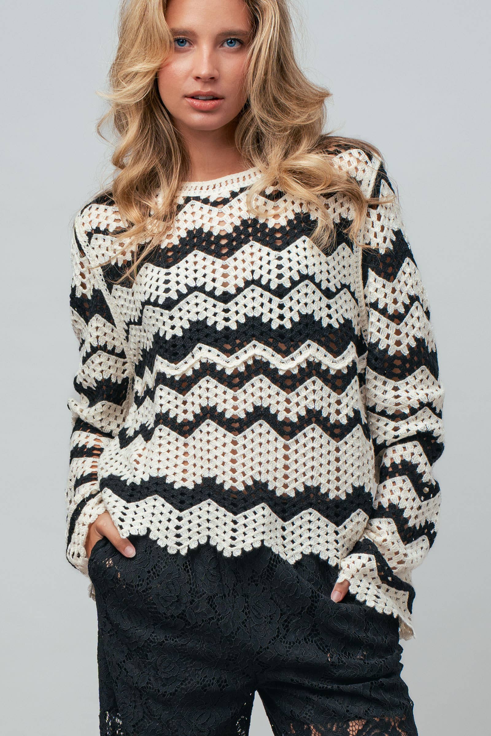 Chevron Pattern Open-Knit Crochet Sweater