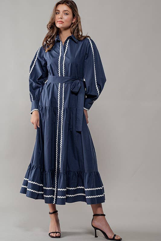 Urban Daizy Scalloped Tiered Cotton Button Down Belted Midi Dress Navy Dress - Women's (UDZ-DR-00311)
