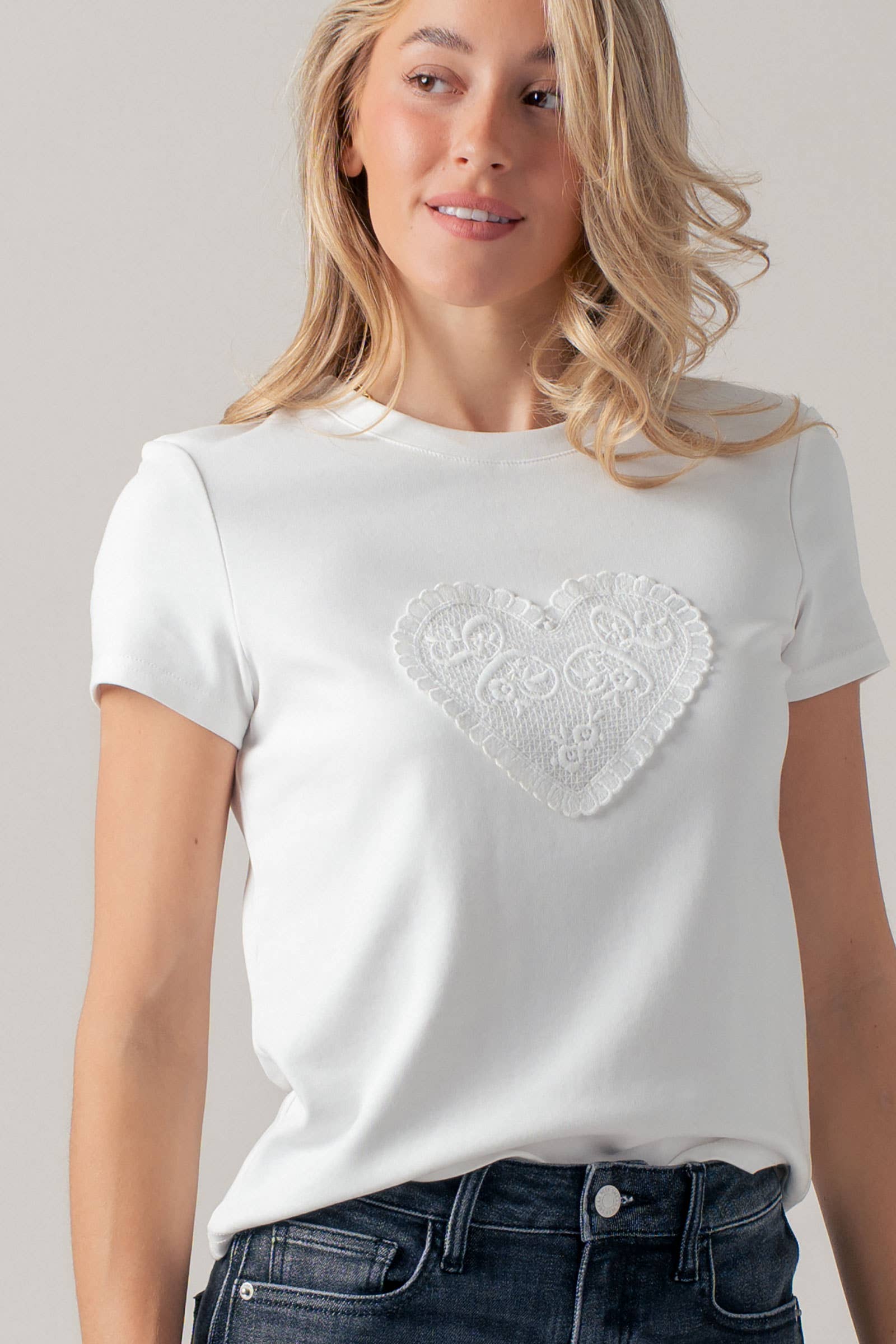 Lace Heart Patch Short Sleeve Cotton Tee