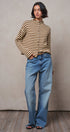 Striped Polo Collar Button Sweater with Rolled Edges in IVORY BROWN - Women's Cardigans & Shrugs | Urban Daizy