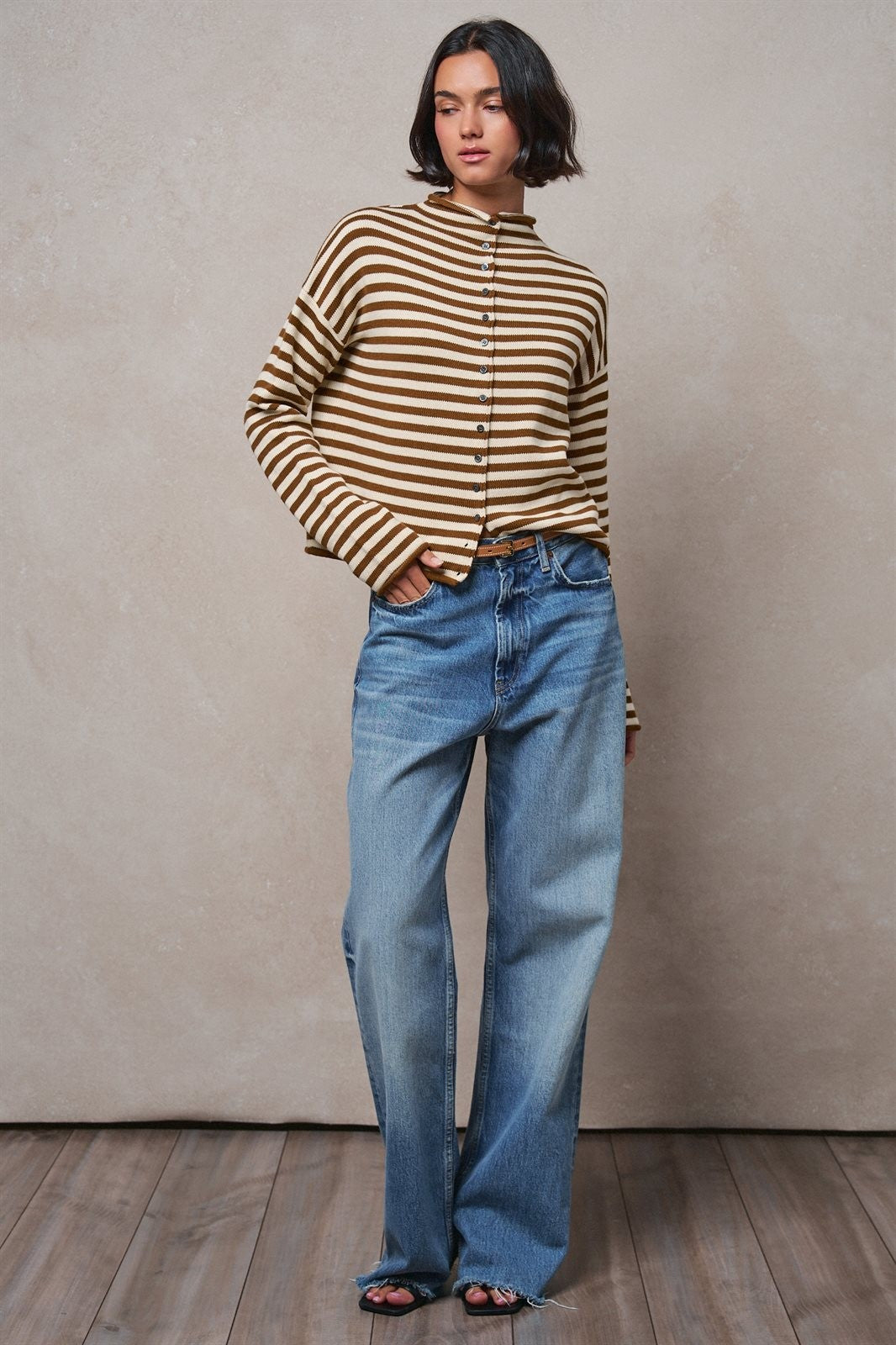 Striped Polo Collar Button Sweater with Rolled Edges in IVORY BROWN - Women's Cardigans & Shrugs | Urban Daizy