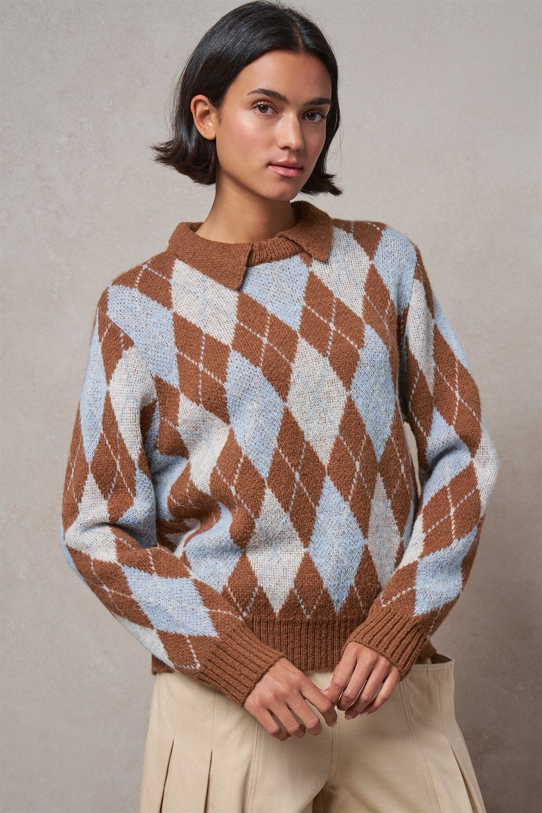 Argyle Polo Collar Sweater in BROWN MULTI - Women's Sweaters | Urban Daizy