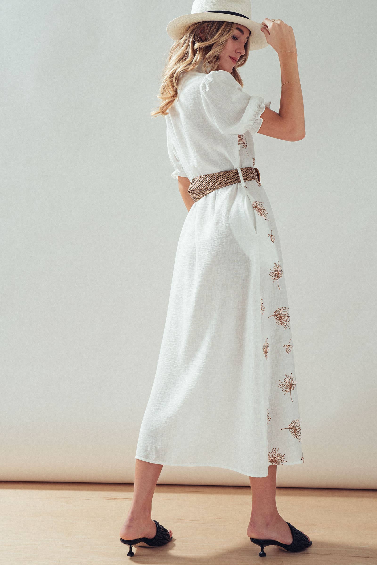 Embroidered Linen Blend Button Front Midi Dress