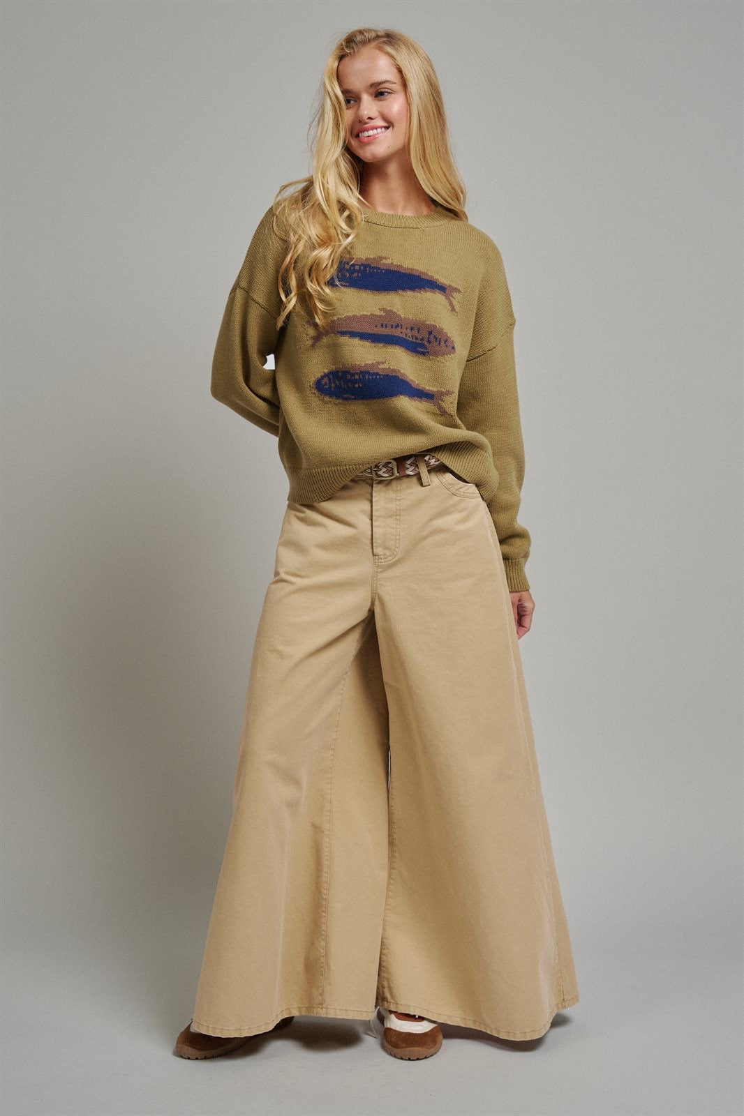 Washed Cotton Wide Leg Palazzo Pants with Woven Belt in KHAKI - Women's Casual Pants | Urban Daizy