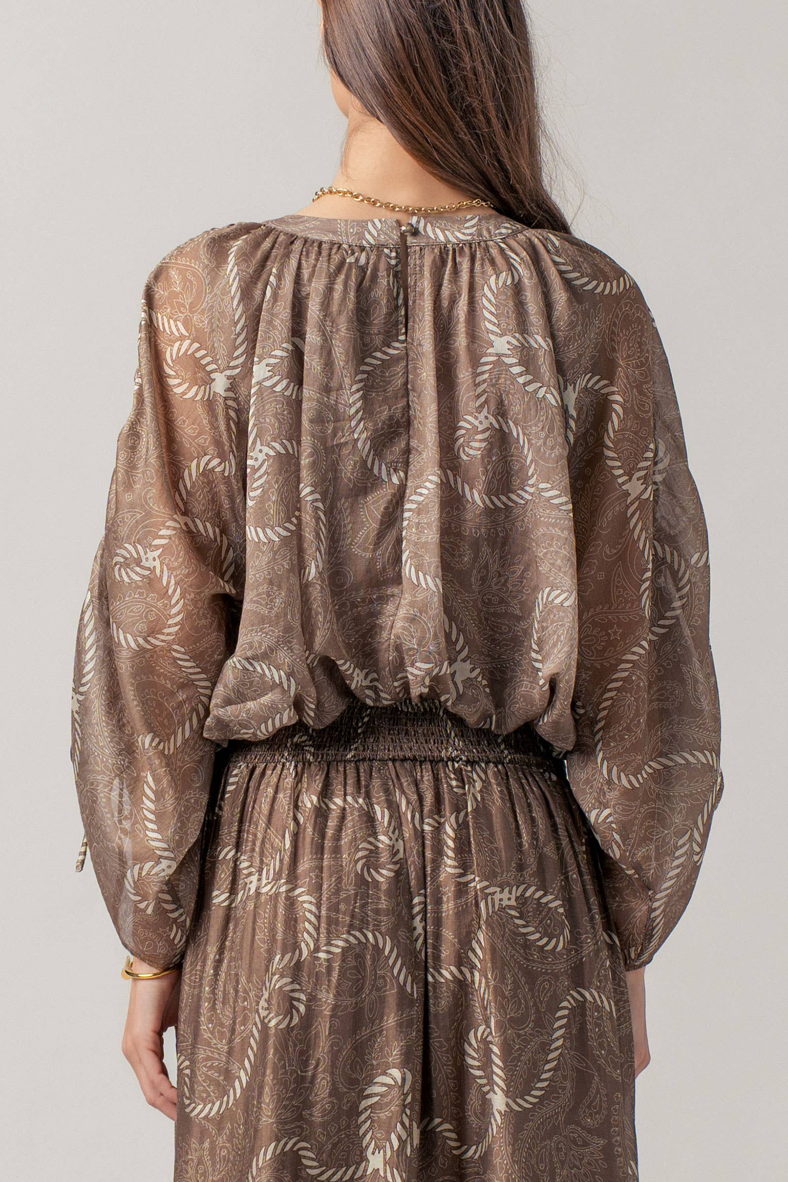 Rope Print Ruched Sleeve Blouse Linen Silk Blend