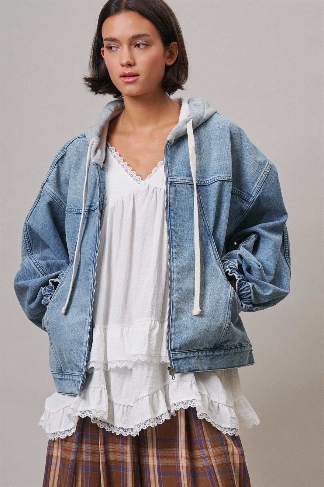 Hooded Denim Zip Up Jacket with French Terry Hood in DENIM - Women's Jackets & Blazers | Urban Daizy