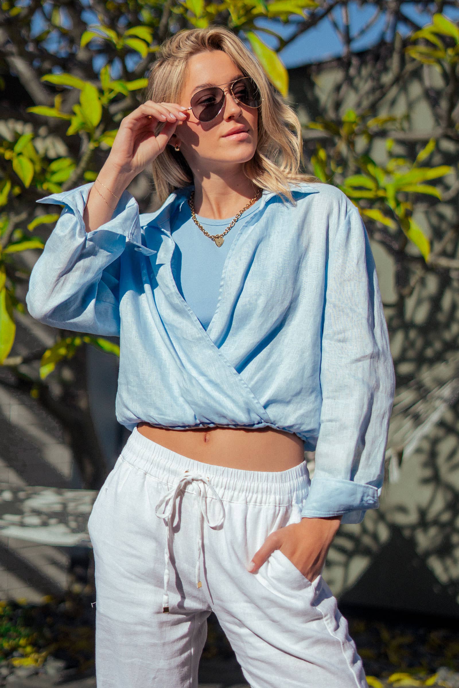 Collared Linen Wrap Crop Top