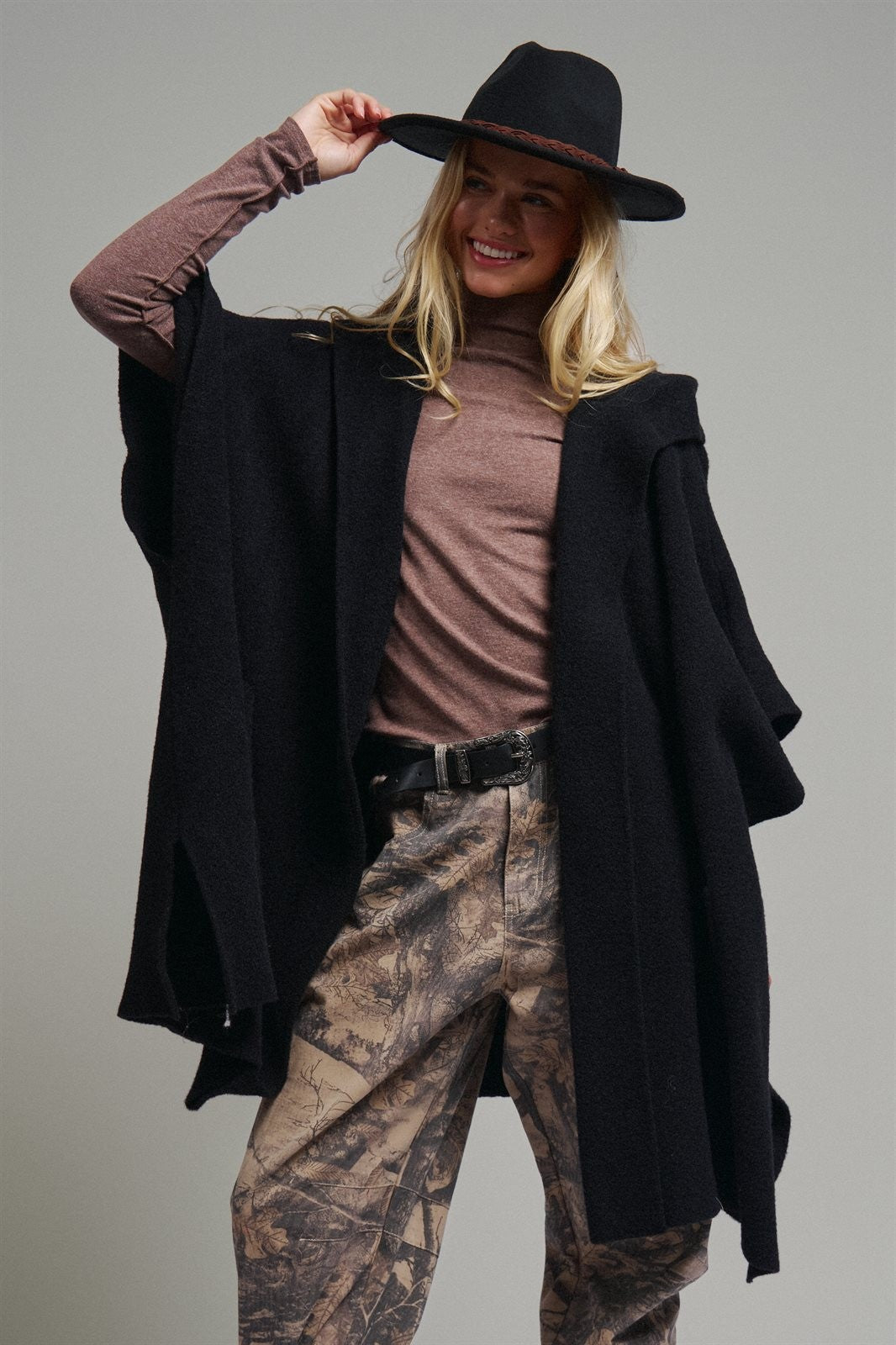Oversized Wide Collar Open Front Poncho Cardigan in BLACK - Women's Cardigans & Shrugs | Urban Daizy