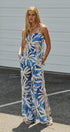 Satin Wide-Leg Pants Set with Crop Top in BLUE IVORY - Women's Pants Sets | Urban Daizy