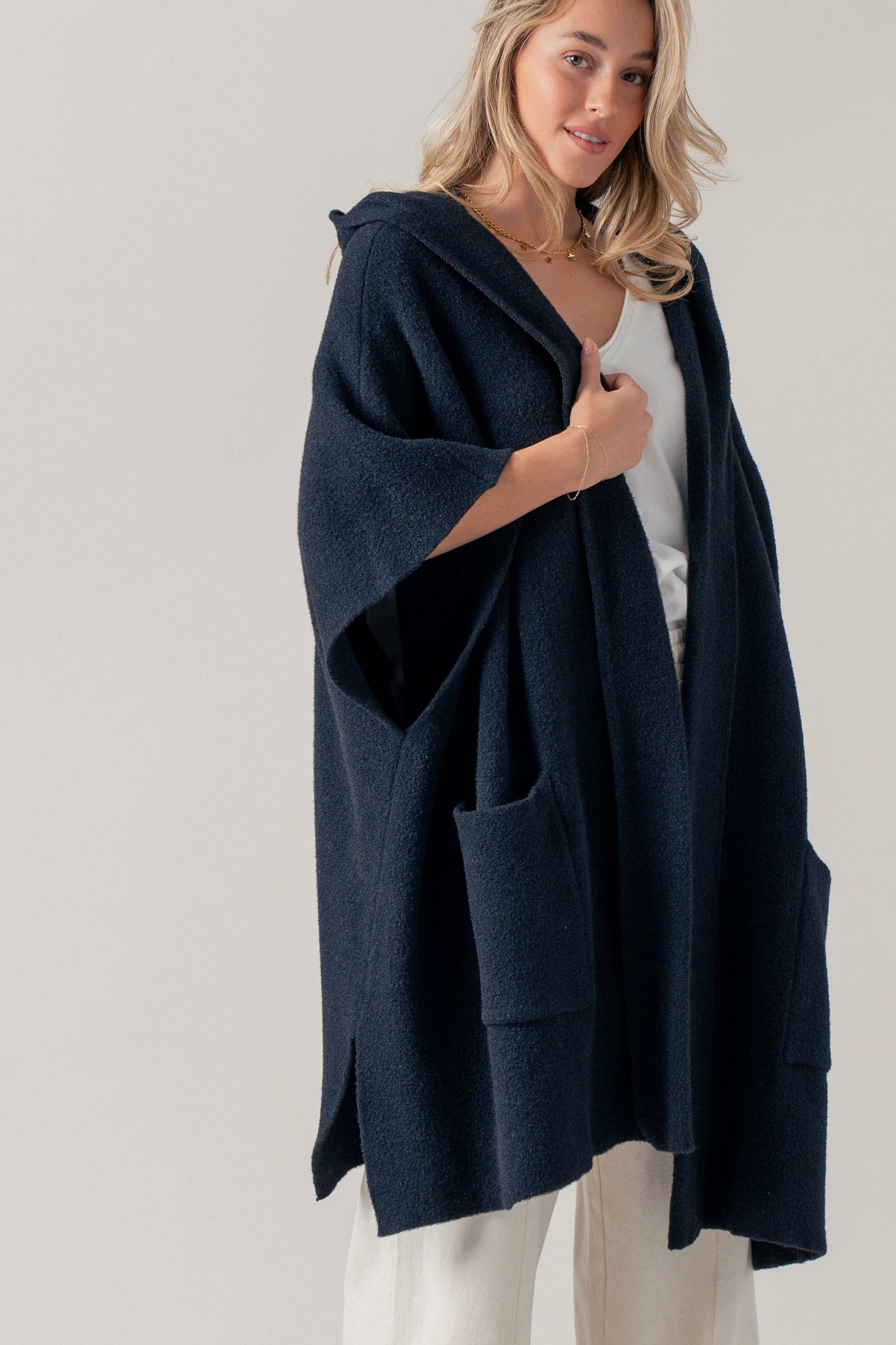 Oversized Cozy Hooded Open Front Knit Poncho