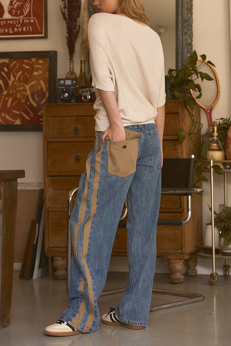 Wide-Leg Utility Stripe Denim Jeans