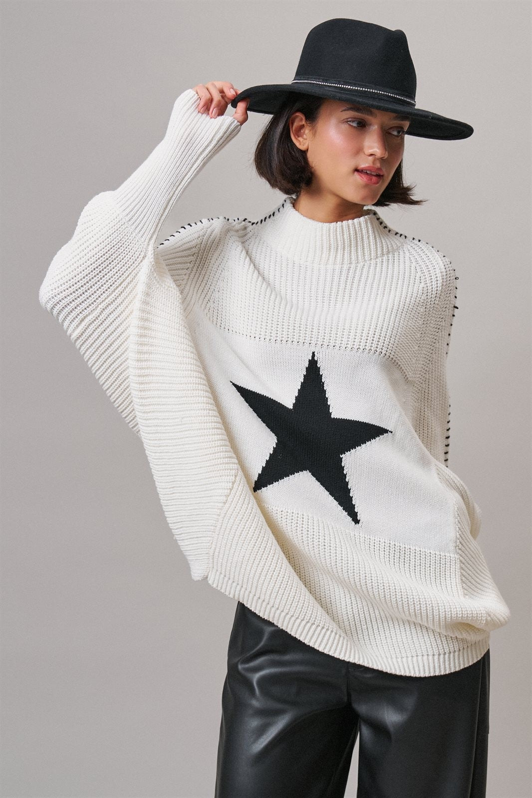 Star Intarsia Mock Neck Sweater in IVORY - Women's Sweaters | Urban Daizy