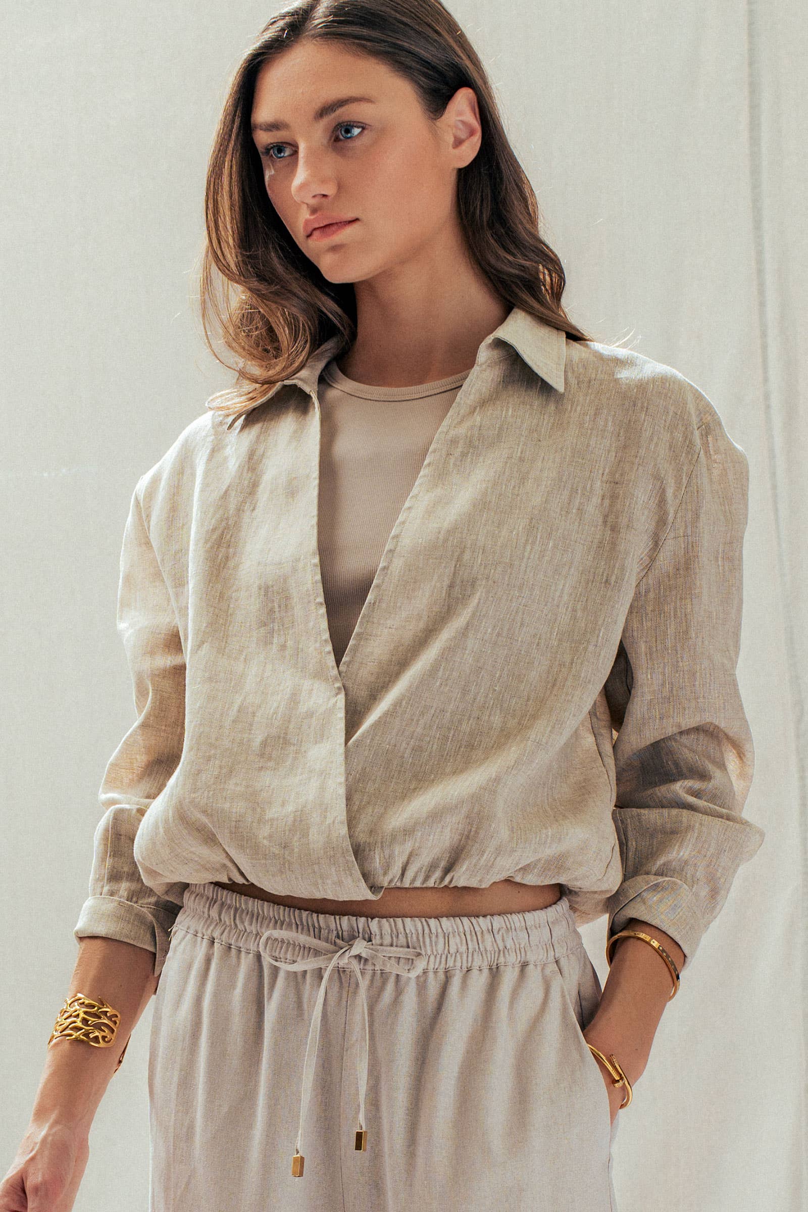 Collared Linen Wrap Crop Top with Built In Tank