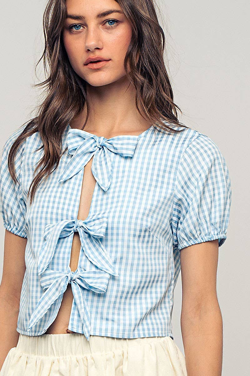 Urban Daizy Gingham Triple Bow Puff Sleeve Crop Top Pink Blouse - Women's (UDZ-TP-01033) – alternate view 22