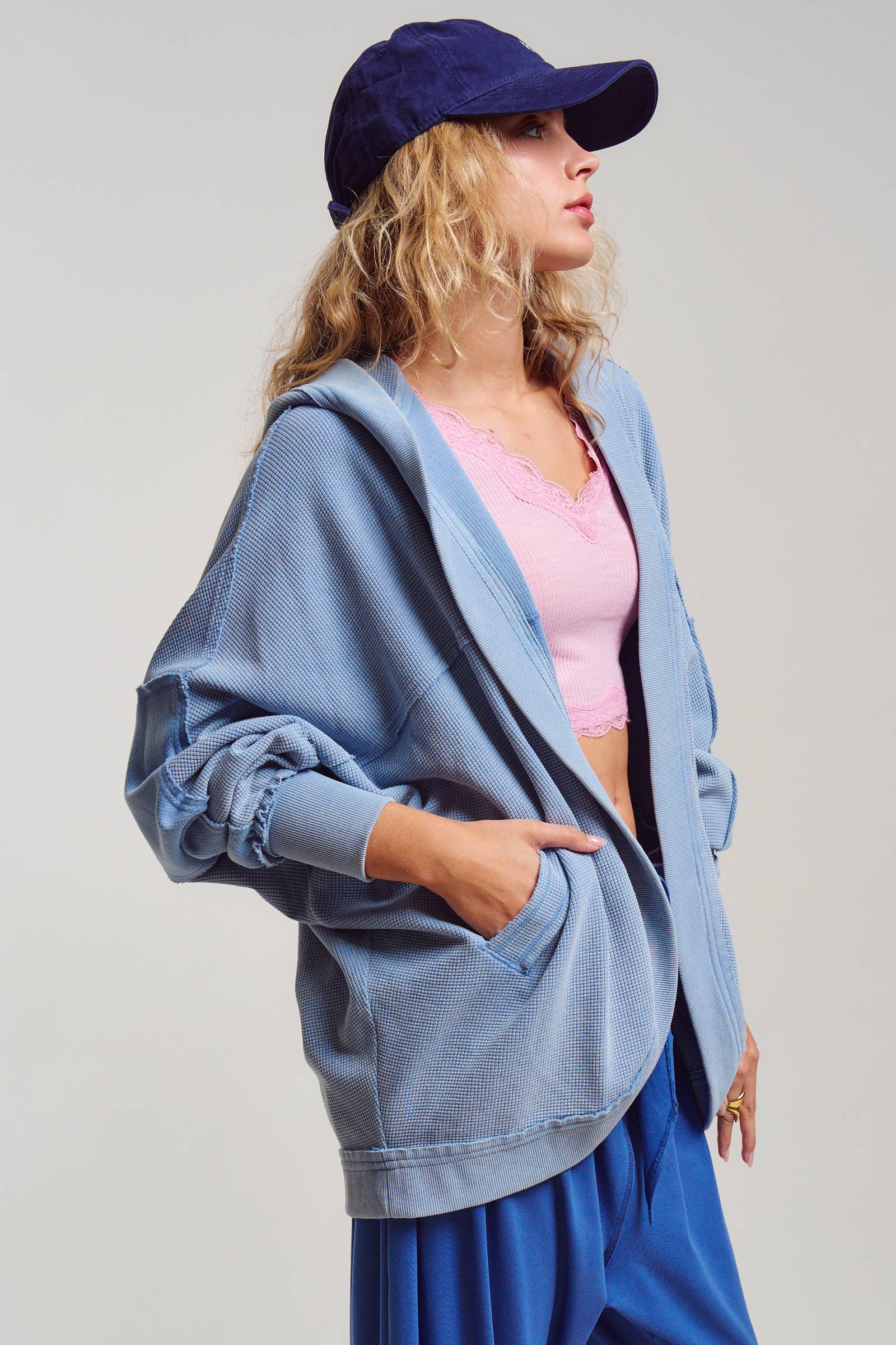 Washed Waffle Knit Hooded Cardigan