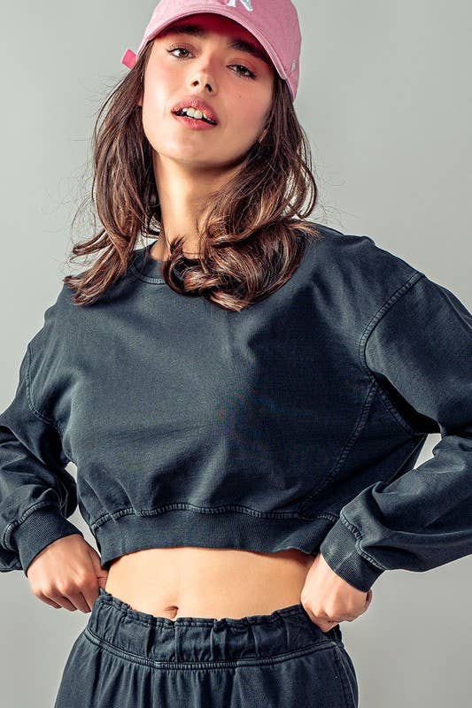Urban Daizy Mineral Wash Mock Neck Crop Sweatshirt Black Sweatshirt - Women's (UDZ-KN-00191) – alternate view 25
