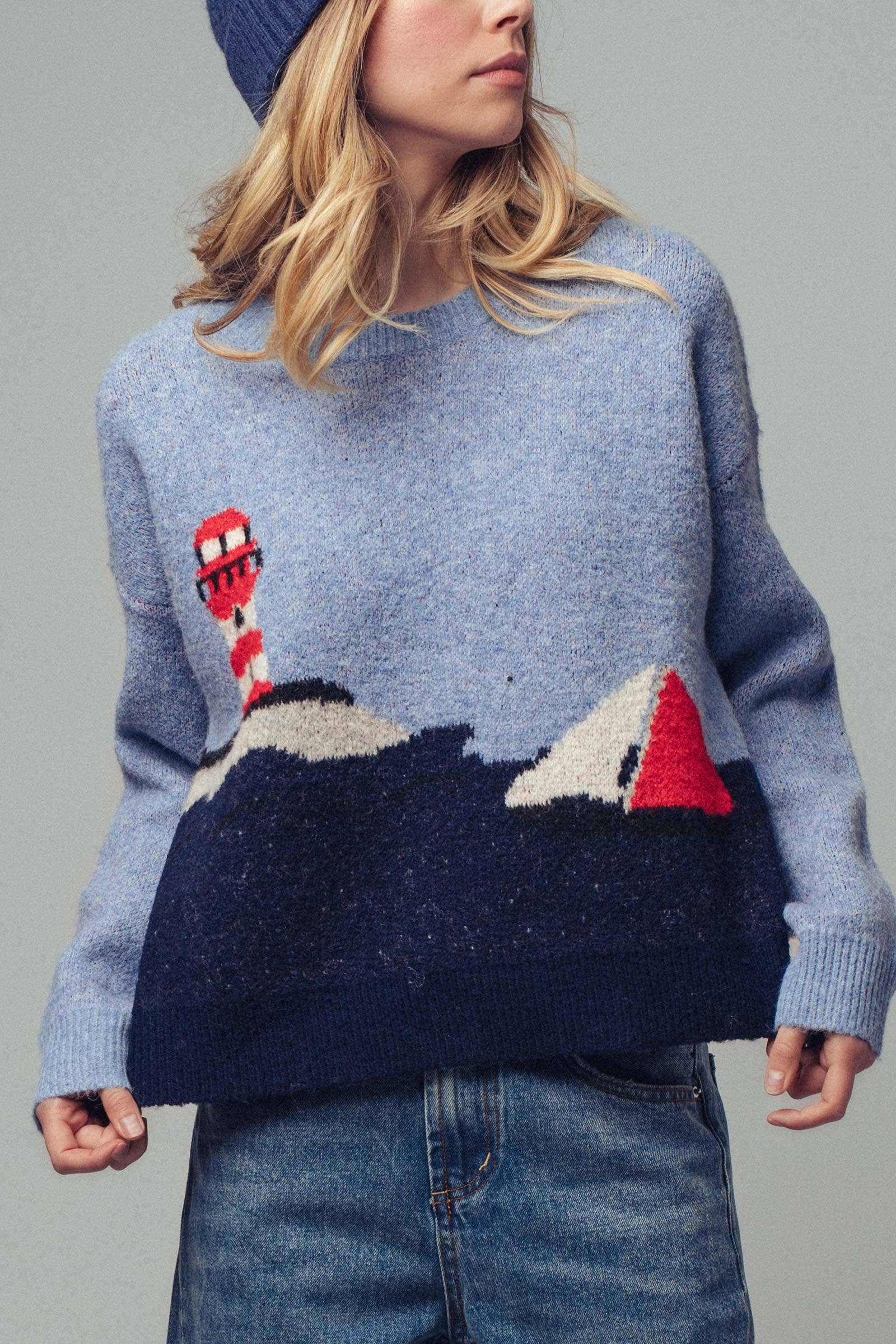 Urban Daizy Nautical Lighthouse Knit Sweater Blue Knit Sweater - Women's (UDZ-KN-00657)